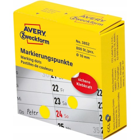 Kółka w dyspenserze trwałe 800szt. 10mm żółte 3852 AVERY ZWECKFORM