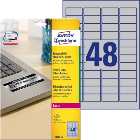 Etykiety Heavy Duty (20ark) 45.7x21.2mm srebrne poliestrowe L6009-20 AVERY ZWECKFORM